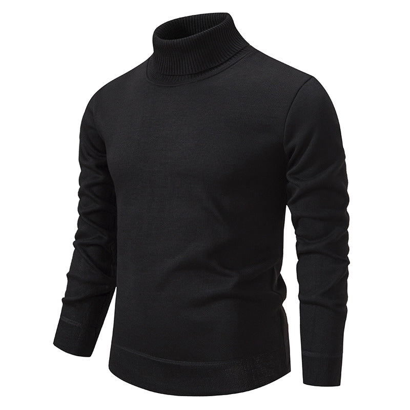 Men's Turtleneck Pullover Sweater Fashion Solid Color Fleece Lined Knitted Long-sleeved Top Clothing