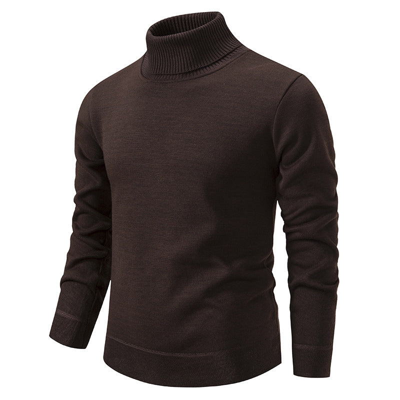 Men's Turtleneck Pullover Sweater Fashion Solid Color Fleece Lined Knitted Long-sleeved Top Clothing