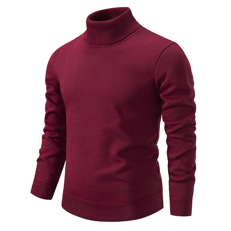 Men's Turtleneck Pullover Sweater Fashion Solid Color Fleece Lined Knitted Long-sleeved Top Clothing