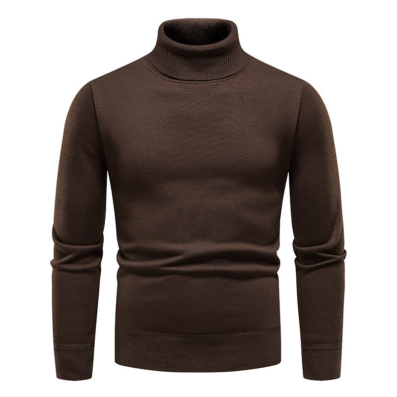 Men's Turtleneck Pullover Sweater Fashion Solid Color Fleece Lined Knitted Long-sleeved Top Clothing